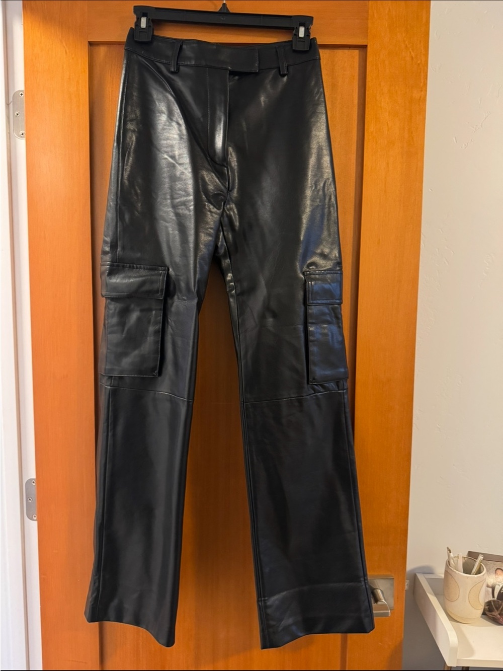 Princess Polly Black Faux Leather Cargo Pants - Size US 2